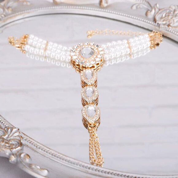 Vintage 1920S Flapper Pearl Bracelet Rhinestone Finger Ring Link Bracelet Stretc - Picture 5 of 7